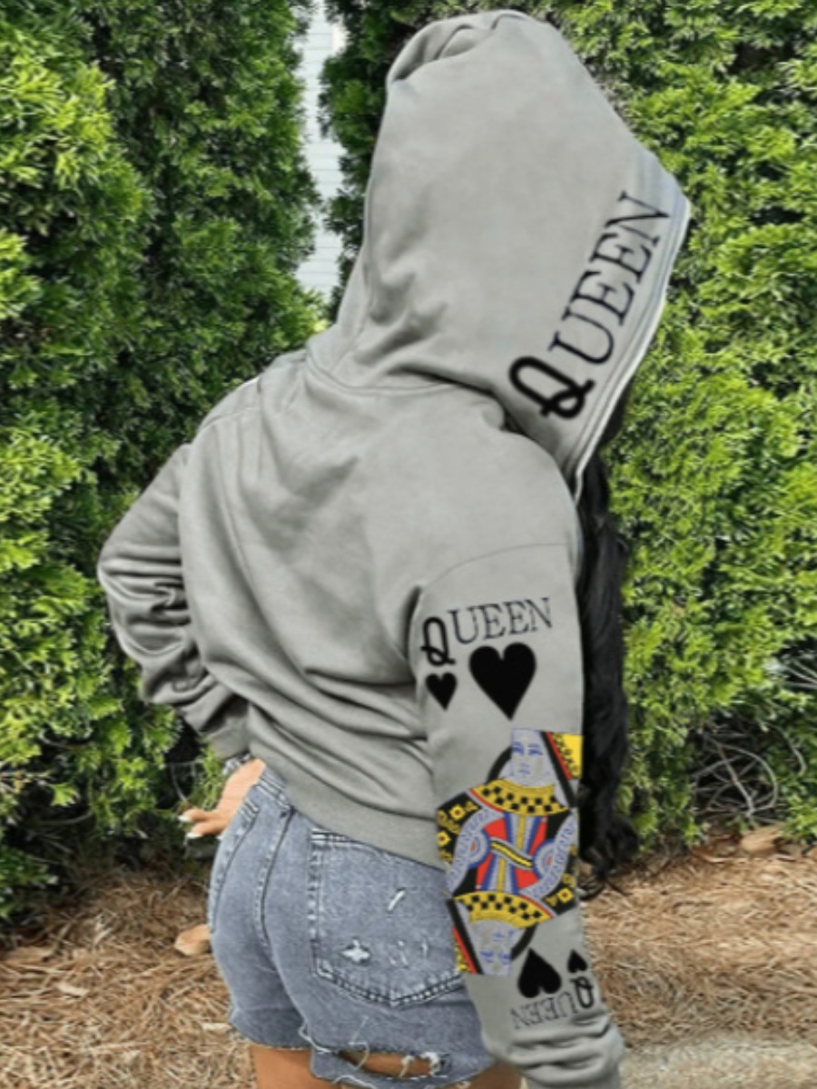 LovelyWholesale Queen Figure Letter Print Jacket Fall Nine Points Sleeve Casual Zipper Design Hooded Collar Spring Summer 2024