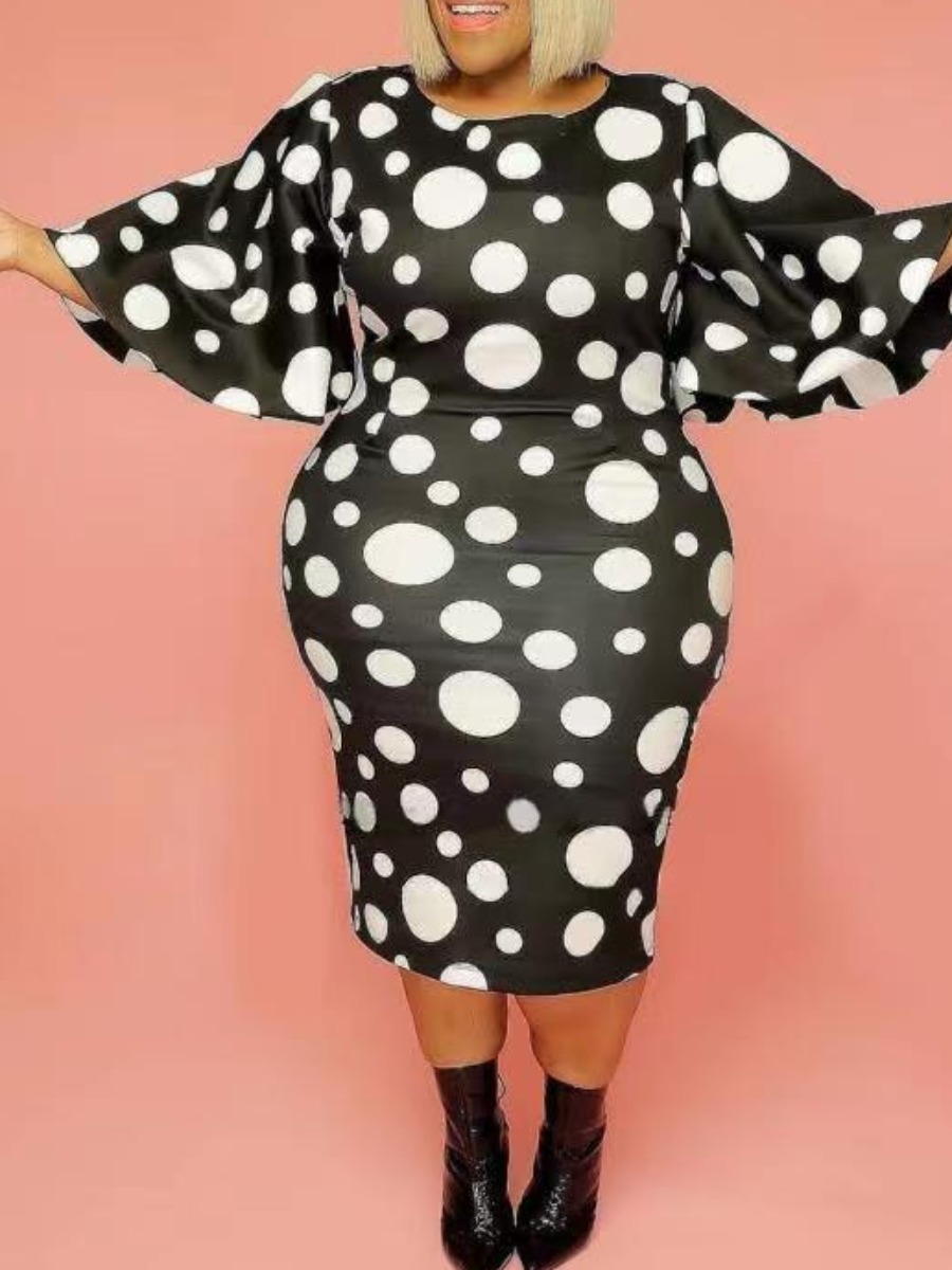 LW Plus Size Bell Sleve Polka Dot Print Bodycon Dr