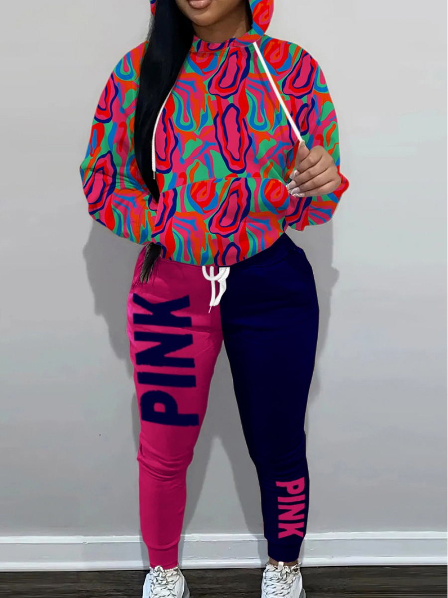 LW Pink Letter Print Kangaroo Pocket Tracksuit Set