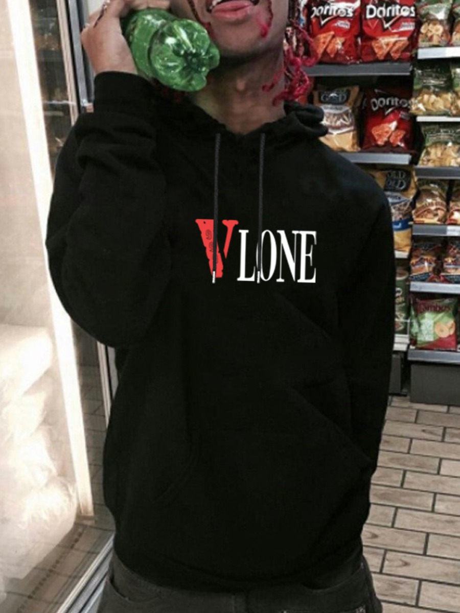 LW Men Letter Print Kangaroo Pocket Hoodie