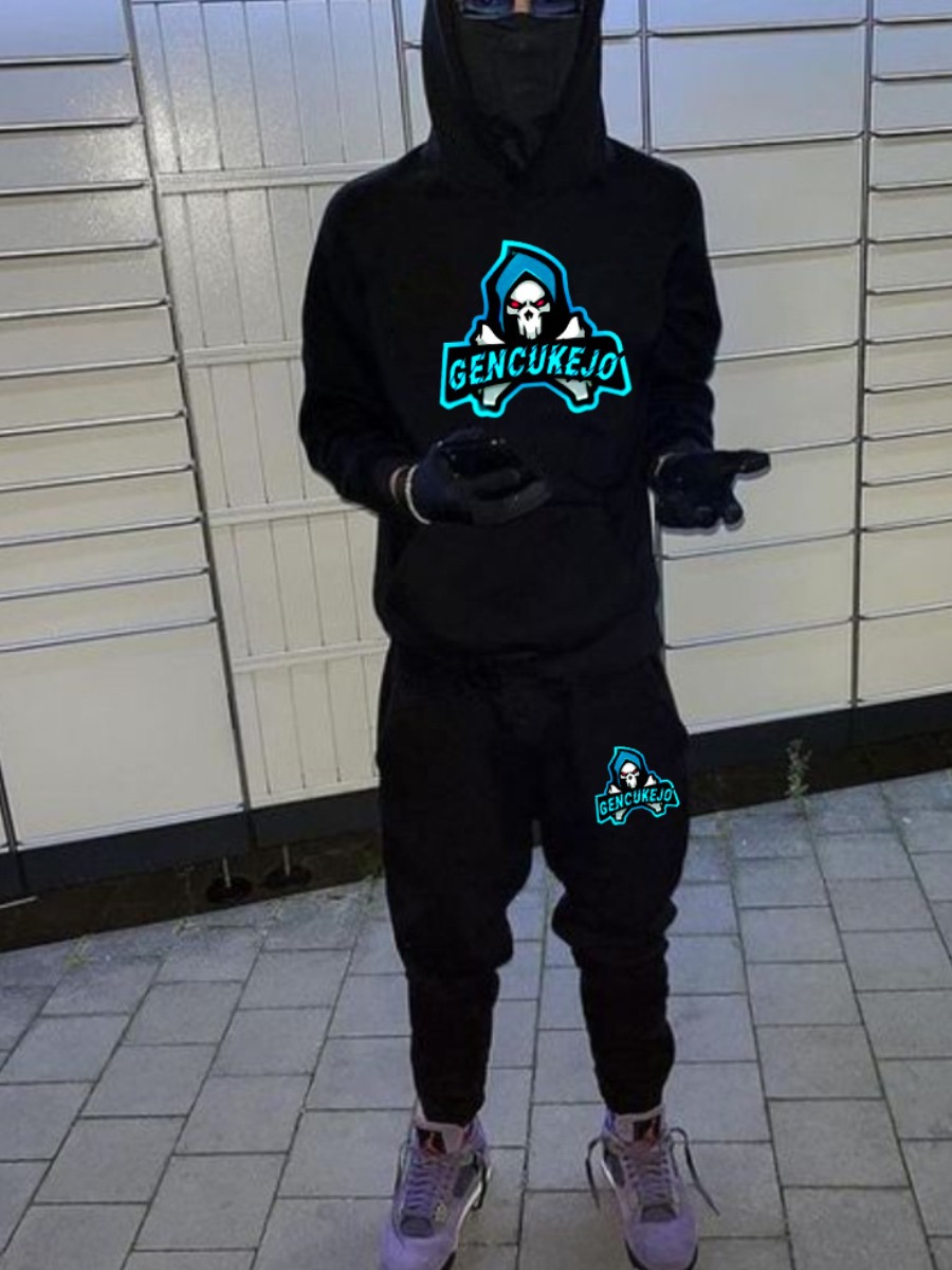 LW Men Cartoon Letter Print Kangaroo Pocket Tracksuit Set