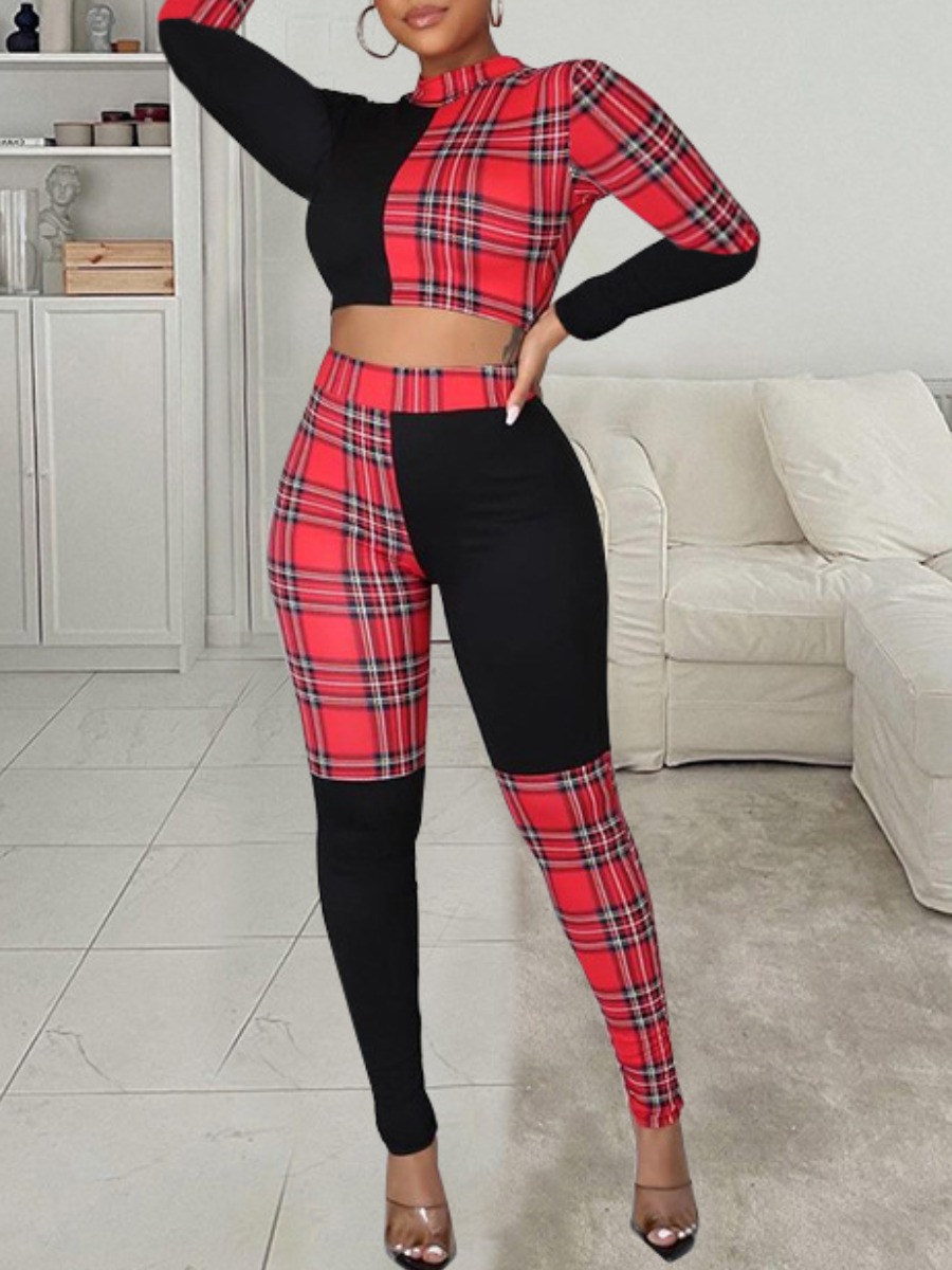 LovelyWholesale Crop Top Plaid Print Skinny Pants Set Fall Long Sleeve Casual Round Neck Spring Summer 2024