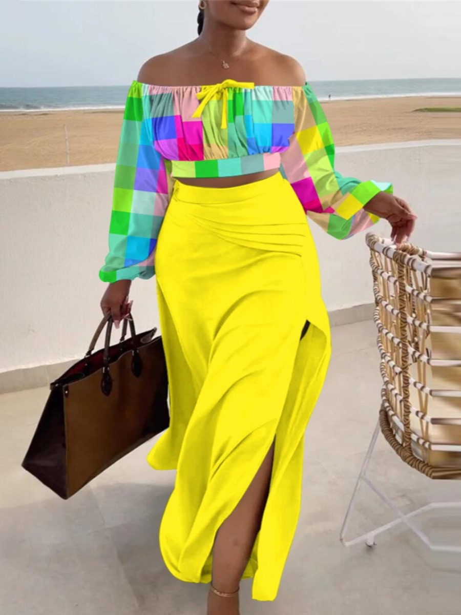 LovelyWholesale Plus Size Off The Shoulder Plaid Print Thigh Slit Skirt Set Spring Long Sleeve Vacation Bateau Neck  3X Spring Summer 2024