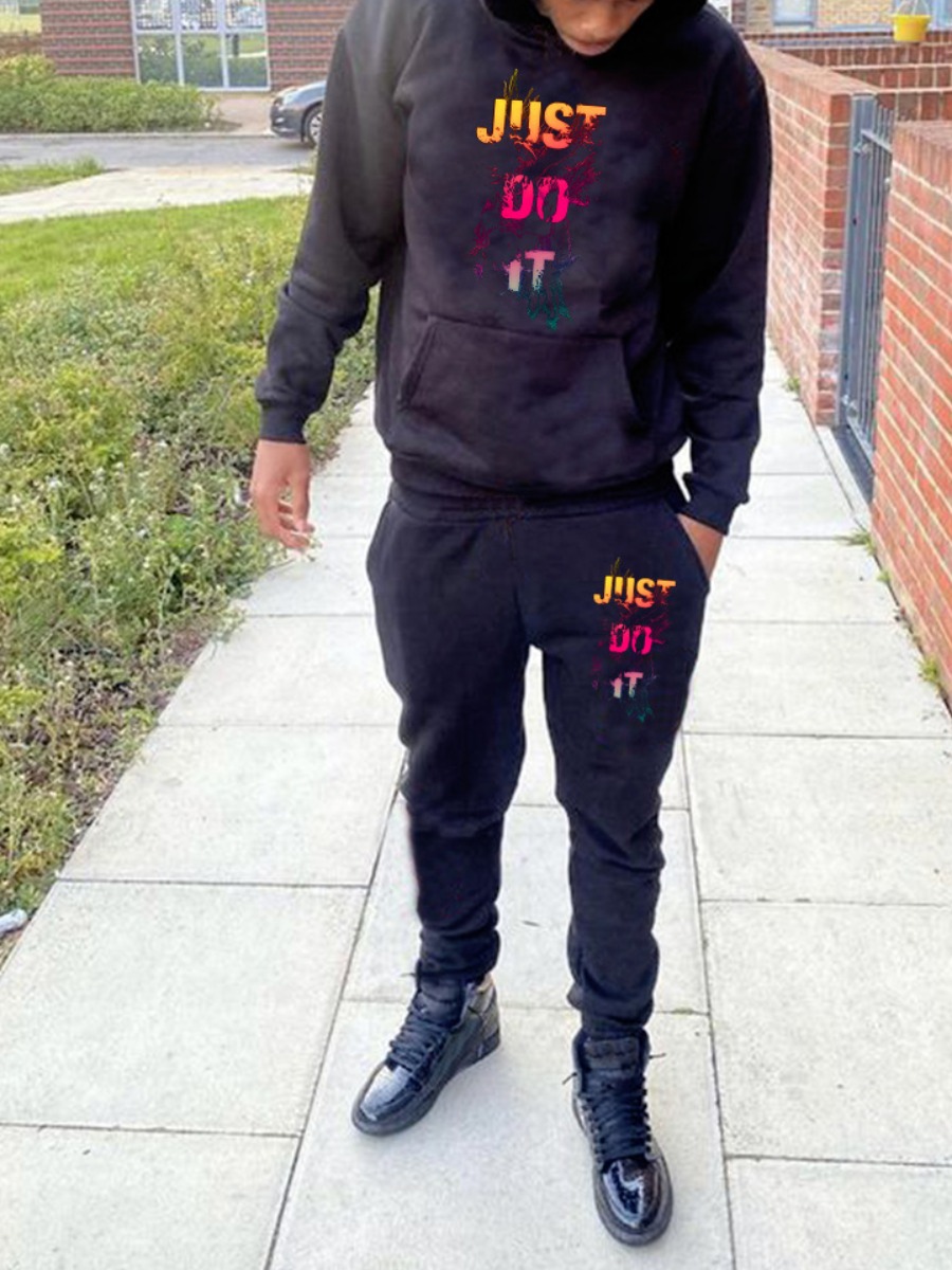 LW Men Just Do It Letter Print Kangaroo Pocket Tra