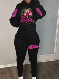 LW Plus Size Figure Letter Print Kangaroo Pocket Tracksuit Set