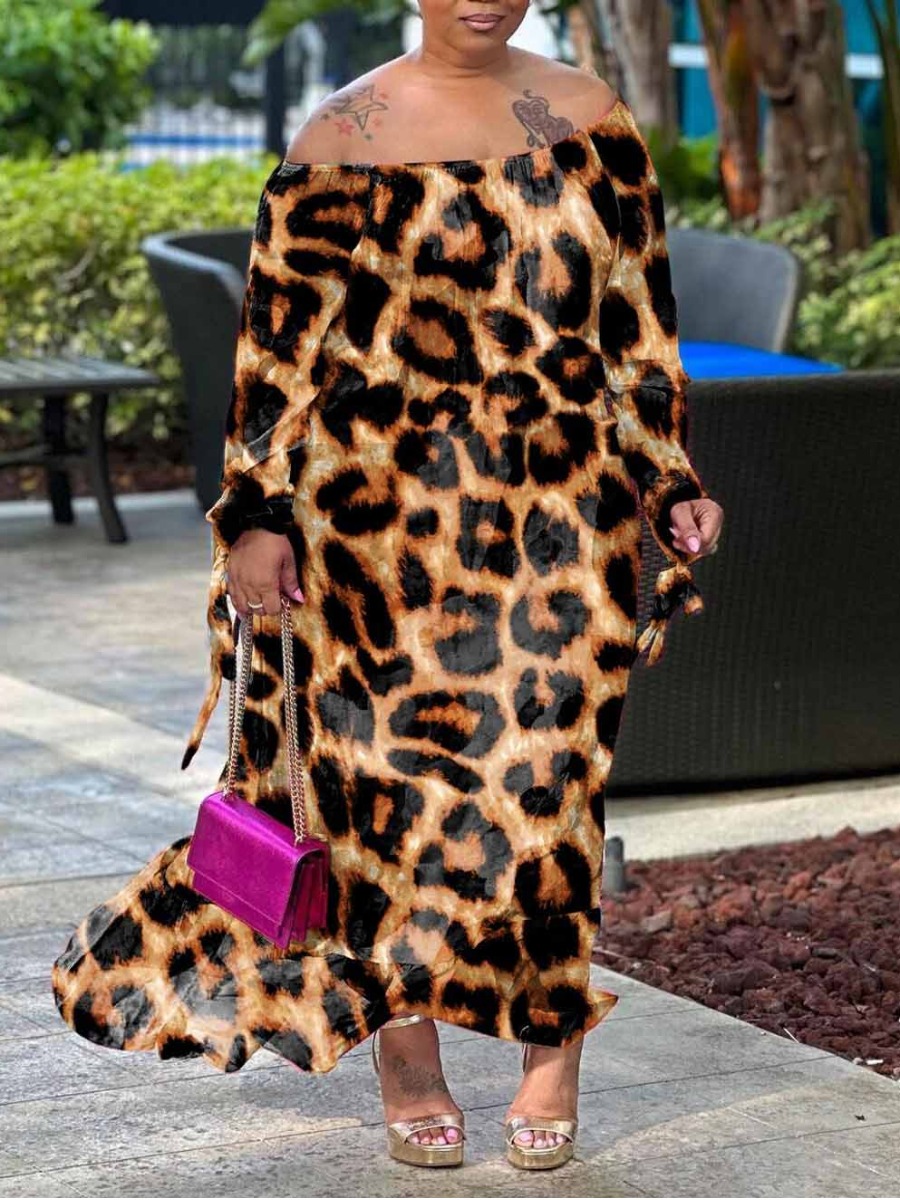 LW Plus Size Off The Shoulder Leopard Print Ruffle Design Dress