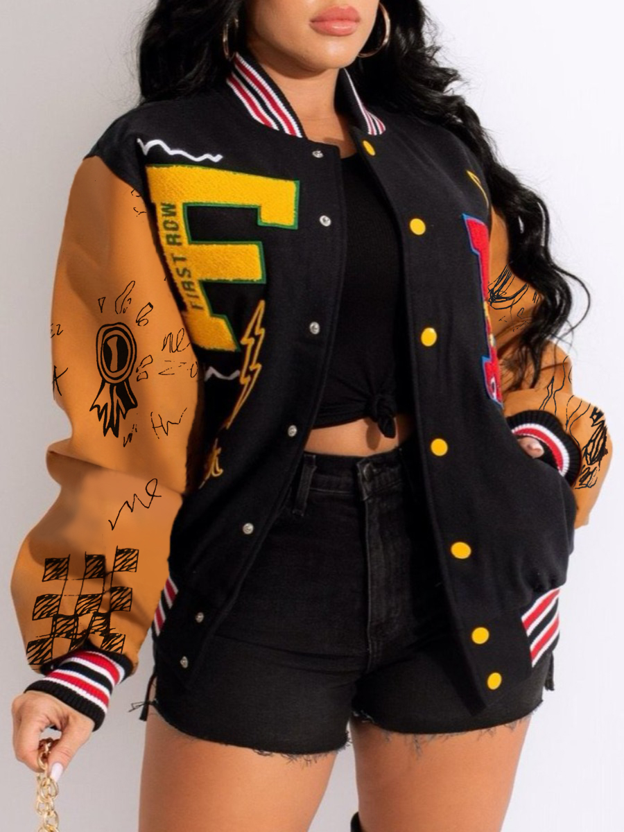 LW Cartoon Letter Decor Striped Jacket