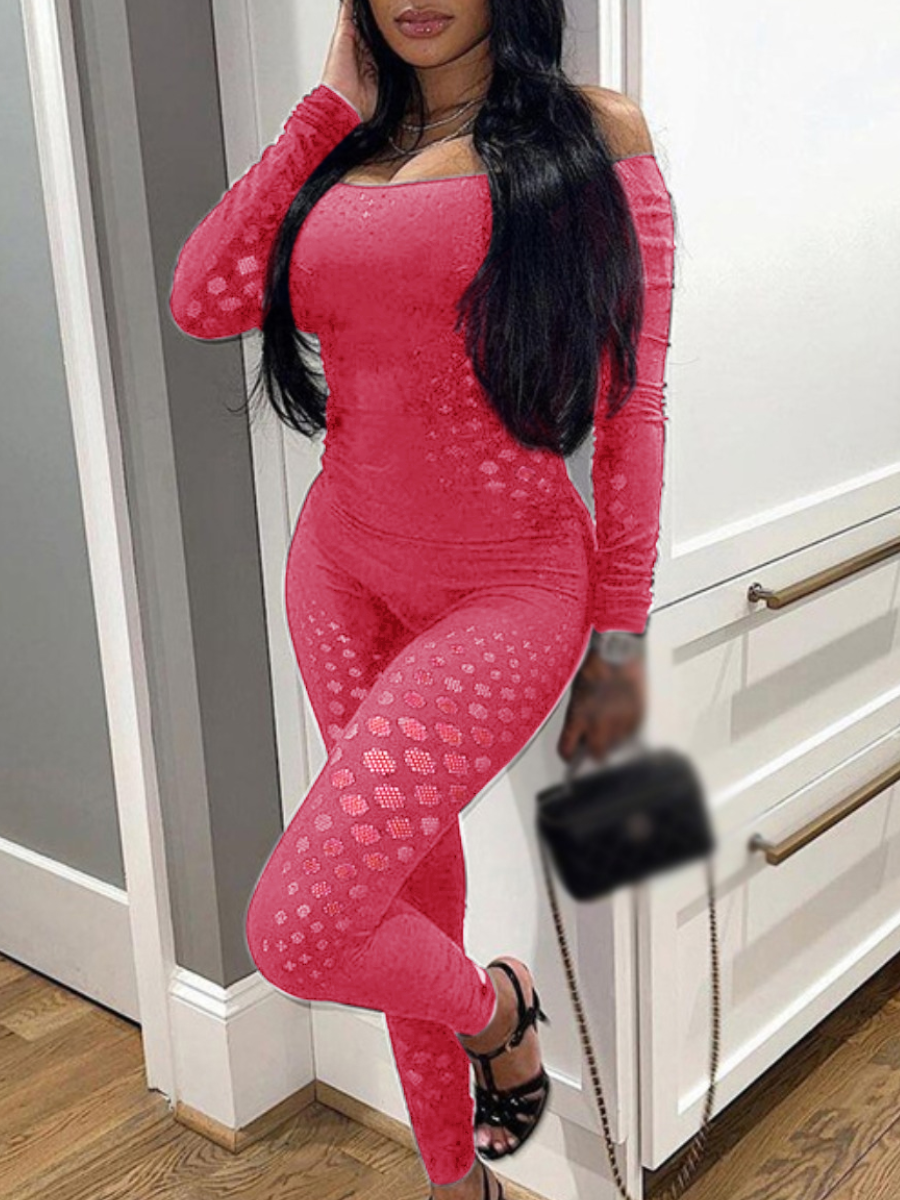 LW SXY Off The Shoulder See Through Pierced Skinny Jumpsuit
