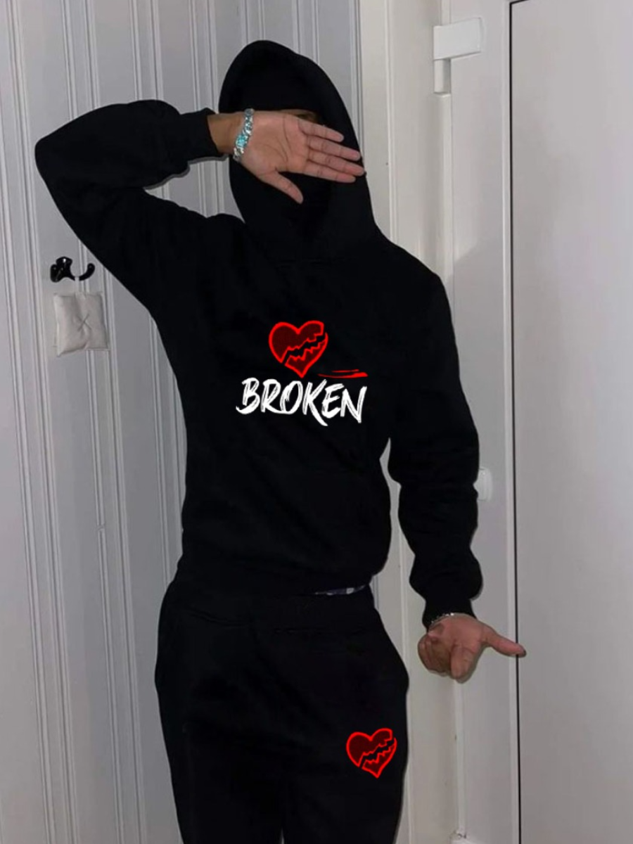 LW Men Heart Letter Print Kangaroo Pocket Tracksuit Set