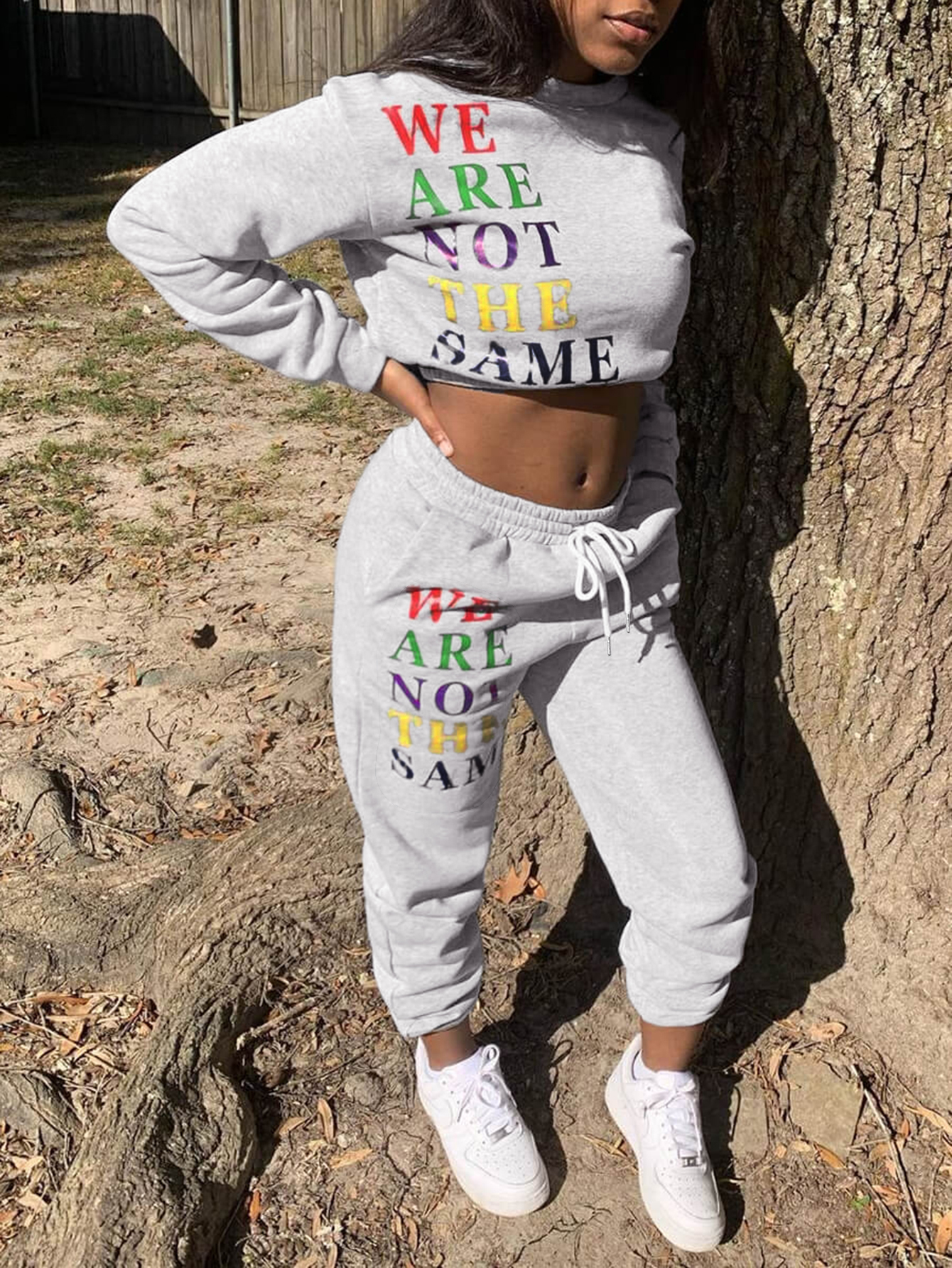 LW O Neck Letter Print Crop Top Sweatshirt Set