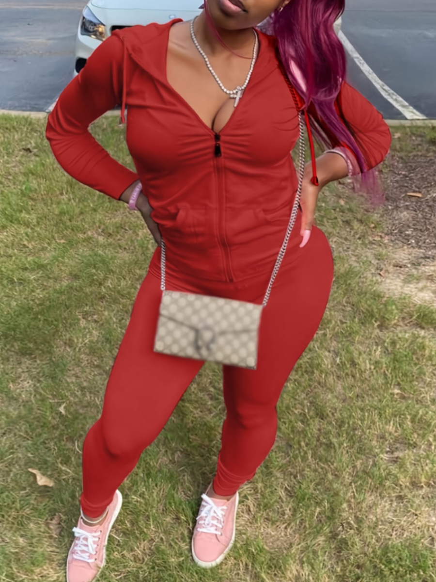LW Plus Size Hooded Collar Kangaroo Pocket Tracksuit Set
