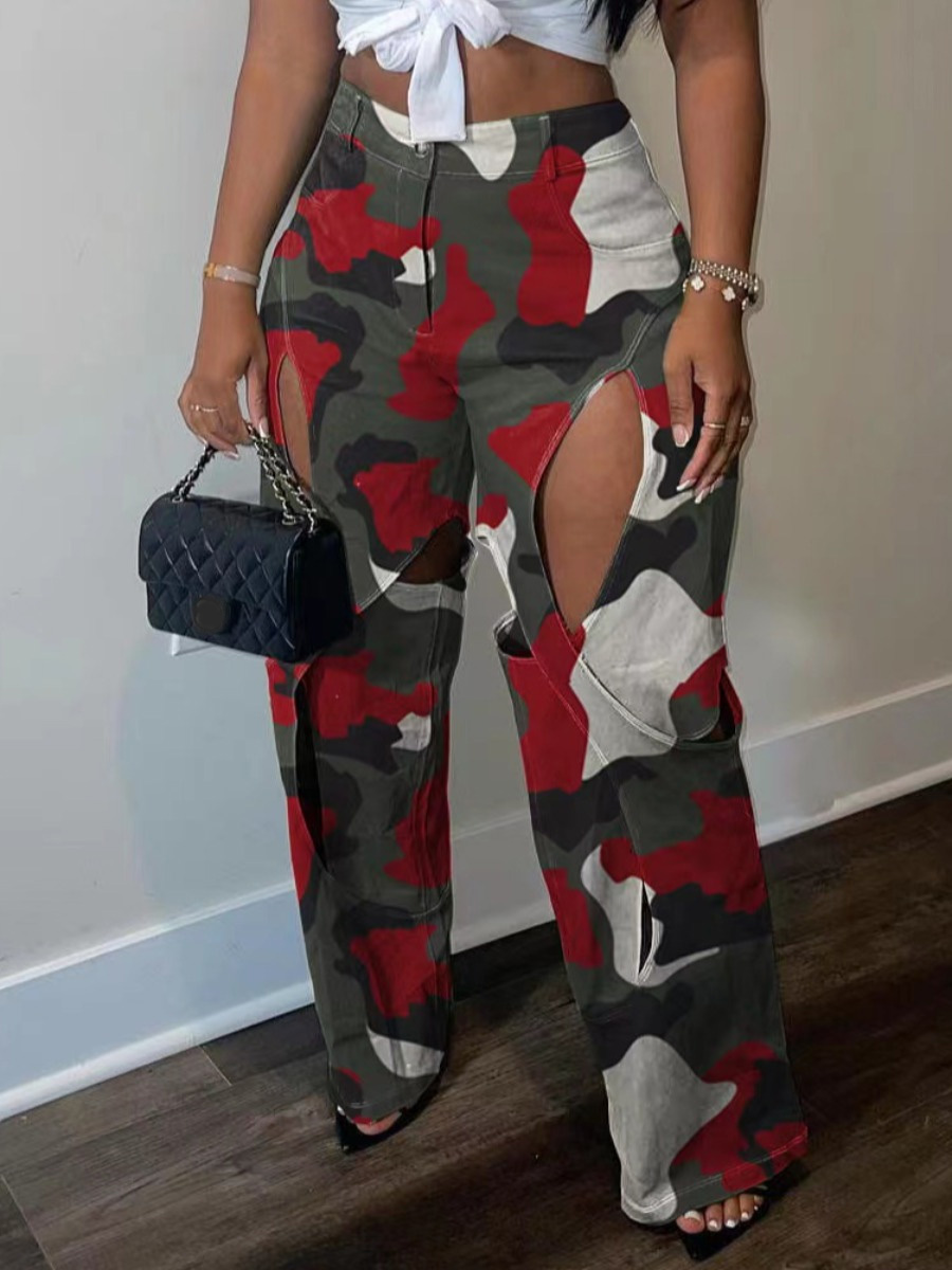 LW Camo Print Cut Out Loose Cargo Pants