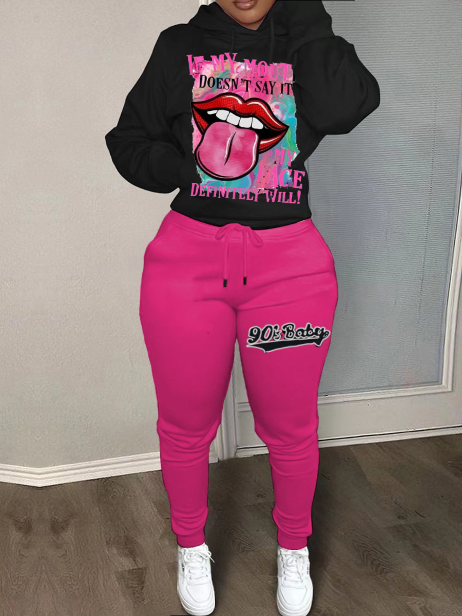 LW Plus Size Lip Letter Print Kangaroo Pocket Tracksuit Set