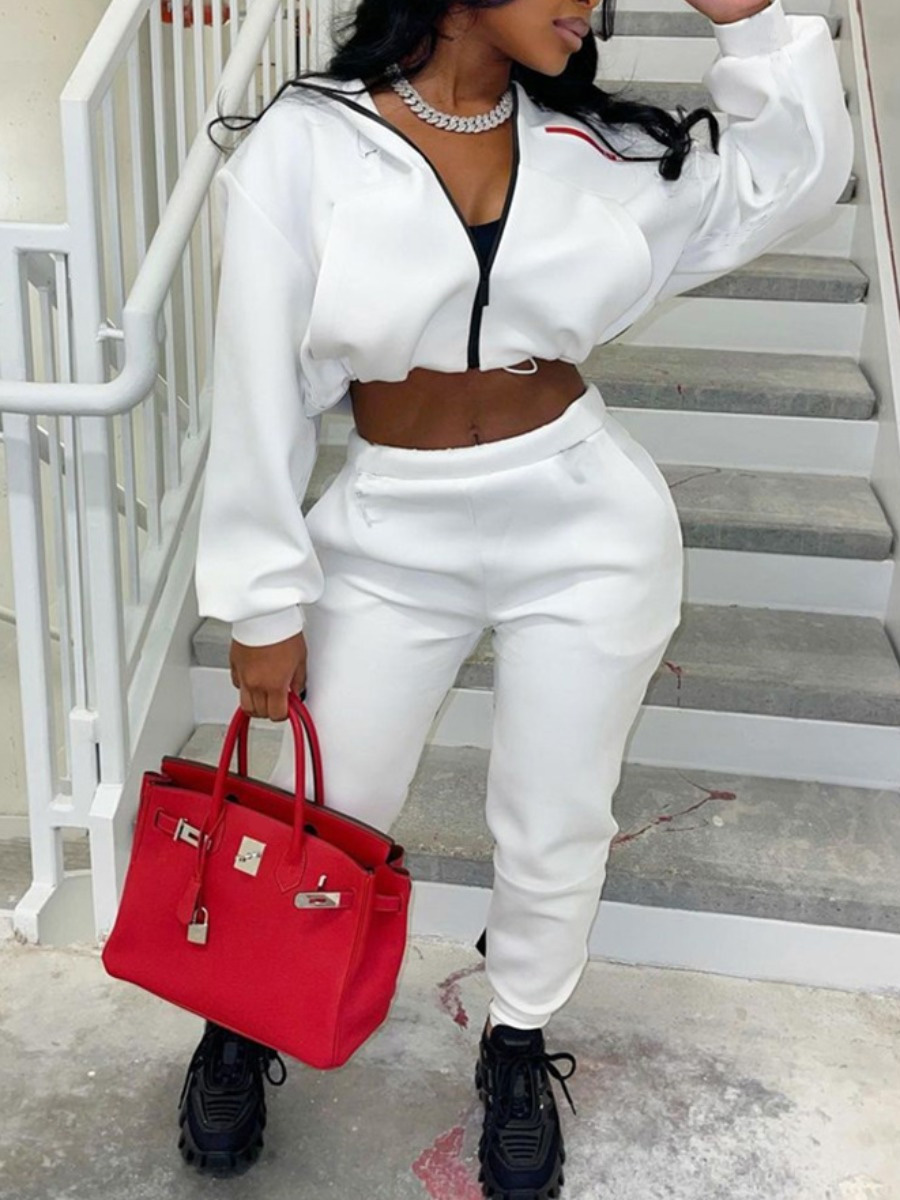 LovelyWholesale Crop Top Zipper Design Drawstring Pants Set Fall Long Sleeve Casual Zipper Design Hooded Collar Spring Summer 2024
