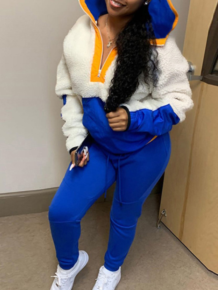 LovelyWholesale Hooded Collar Pocket Design Teddy Pants Set Fall Long Sleeve Casual Zipper Design Hooded Collar Spring Summer 2024