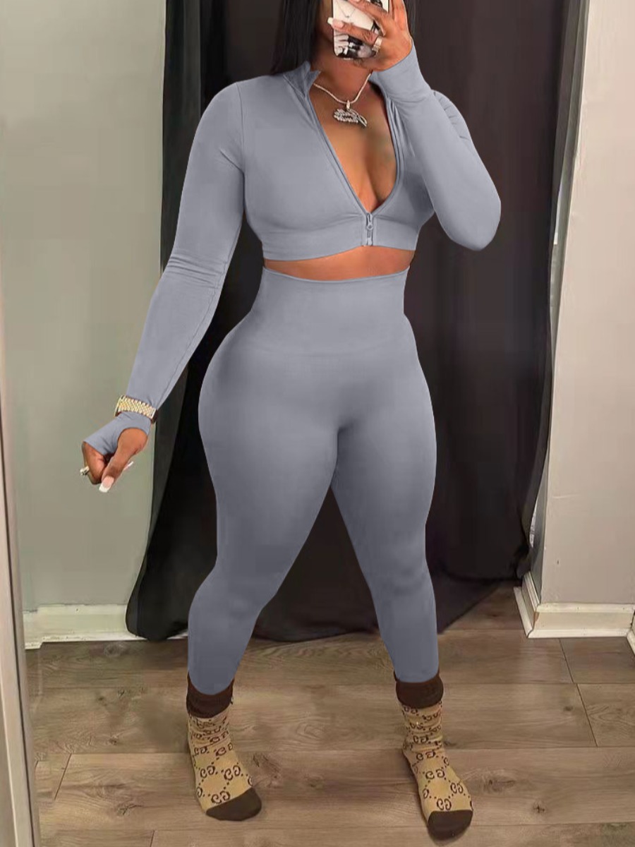 LovelyWholesale BASICS Zipper Design High Waist Skinny Pants Set Fall Long Sleeve Casual Zipper Design Round Neck Spring Summer 2024