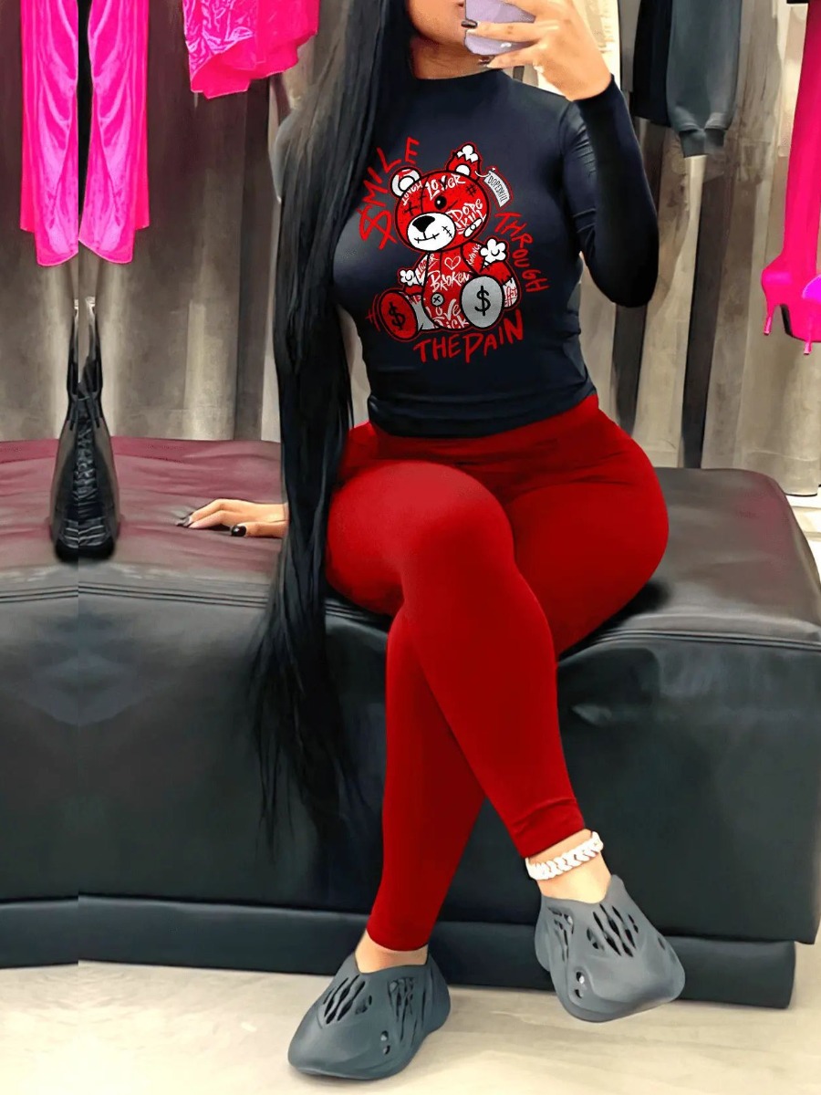 LW Plus Size Teddy Bear Letter Print Skinny Pants Set