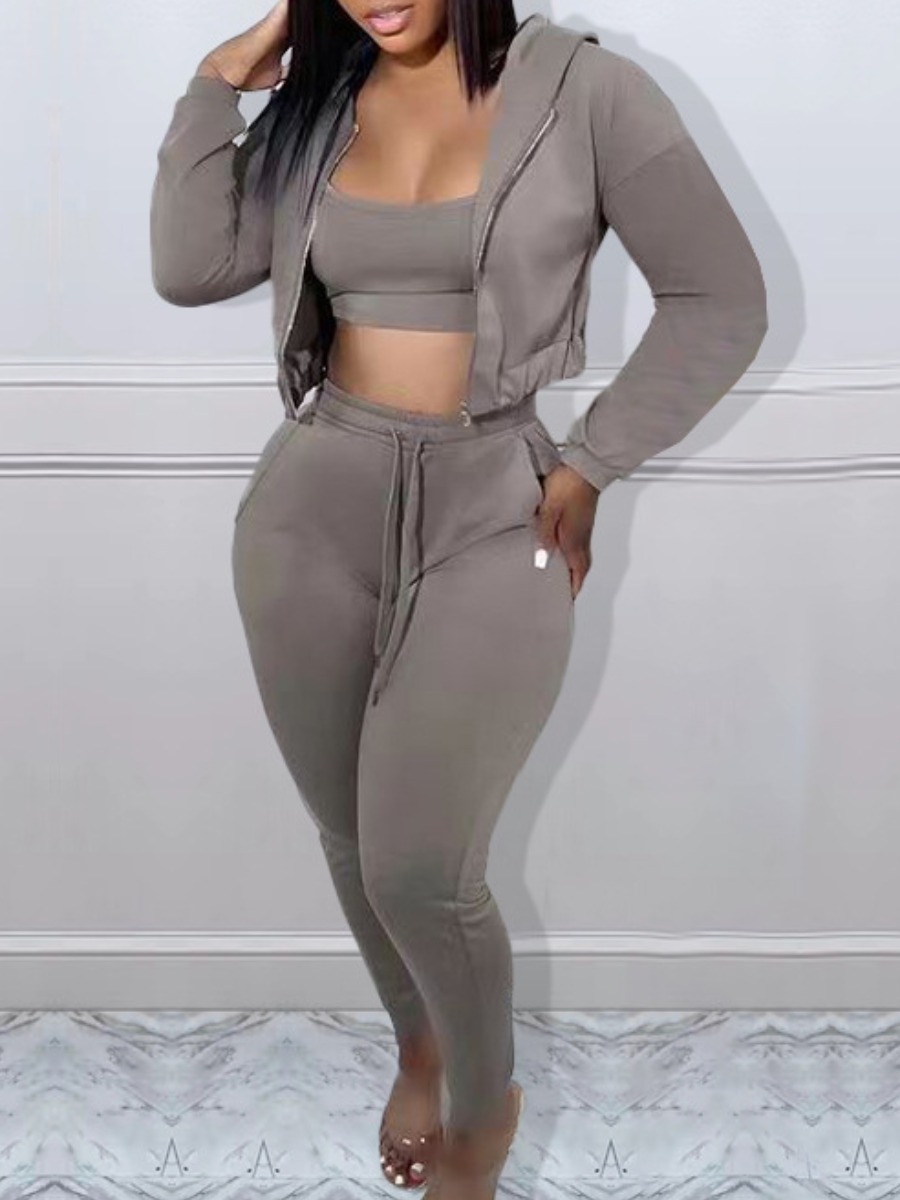 LW BASICS Hooded Collar Drawstring Zipper Design Three Piece Pants Set