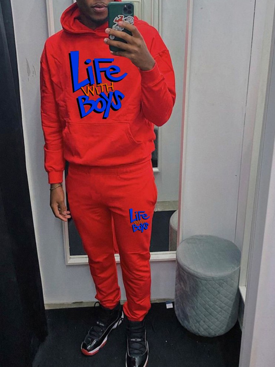 LW Men Letter Print Kangaroo Pocket Tracksuit Set