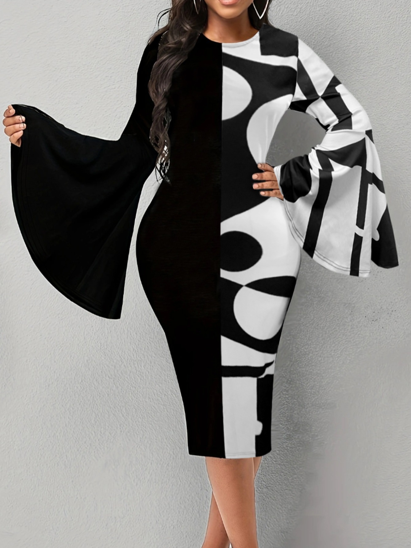 LovelyWholesale Geometric Print Flared Bodycon Dress Fall Long Sleeve Elegant Asymmetrical Round Neck Spring Summer 2024