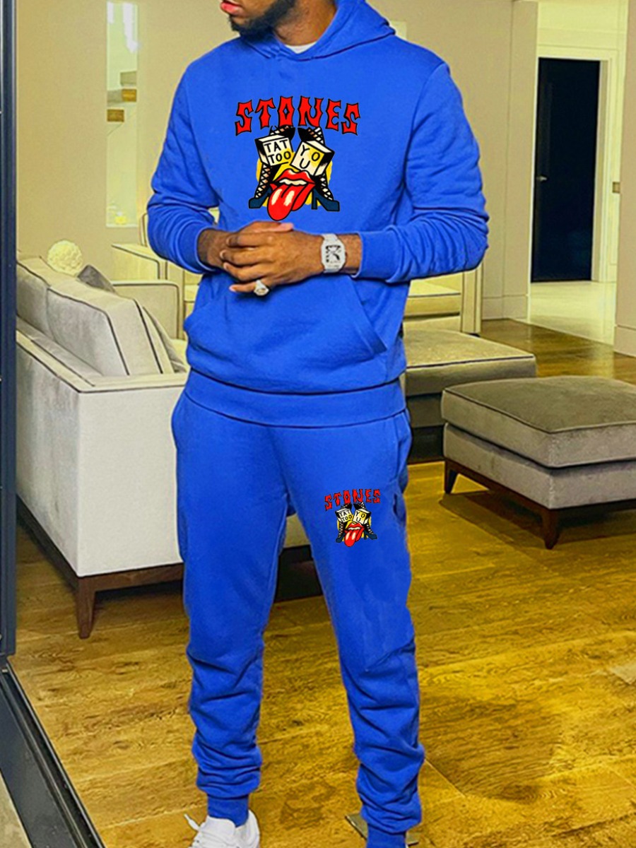 LW Men Cartoon Letter Print Kangaroo Pocket Tracksuit Set