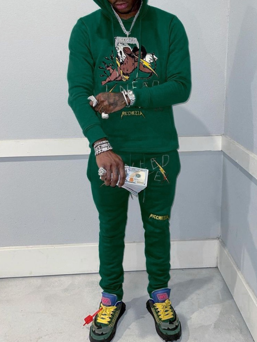 LovelyWholesale Men Figure Letter Print Kangaroo Pocket Tracksuit Set Fall Long Sleeve Casual Pattern Hooded Collar Spring Summer 2024