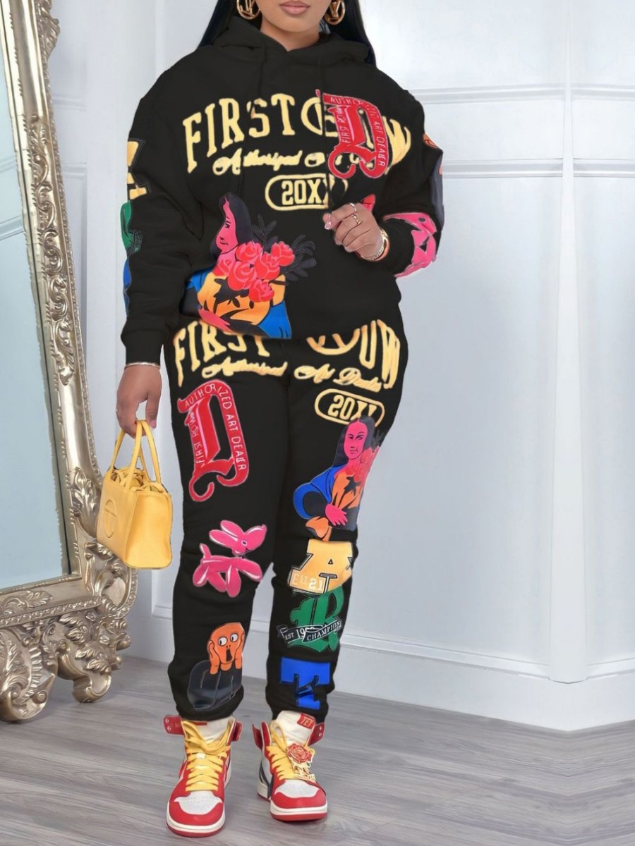 LW Floral Cartoon Letter Print Pants Set