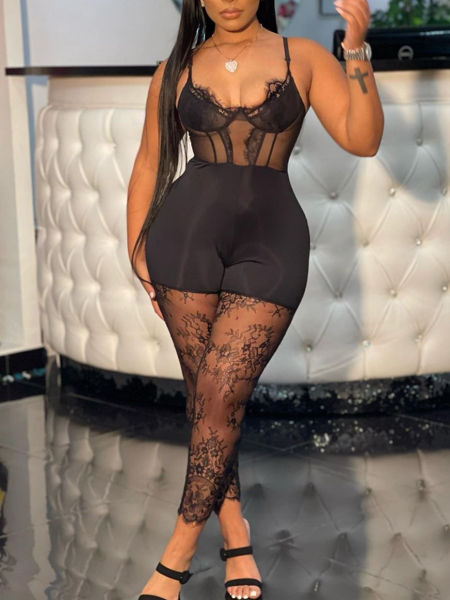 LW SXY See Through Solid Color Skinny Jumpsuit