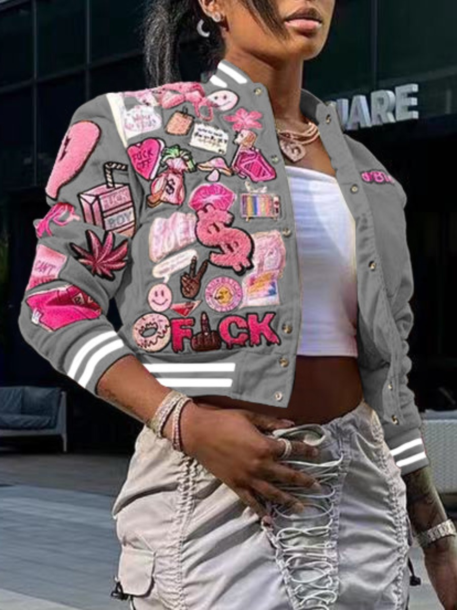 LW Heart Letter Decor Striped Jacket