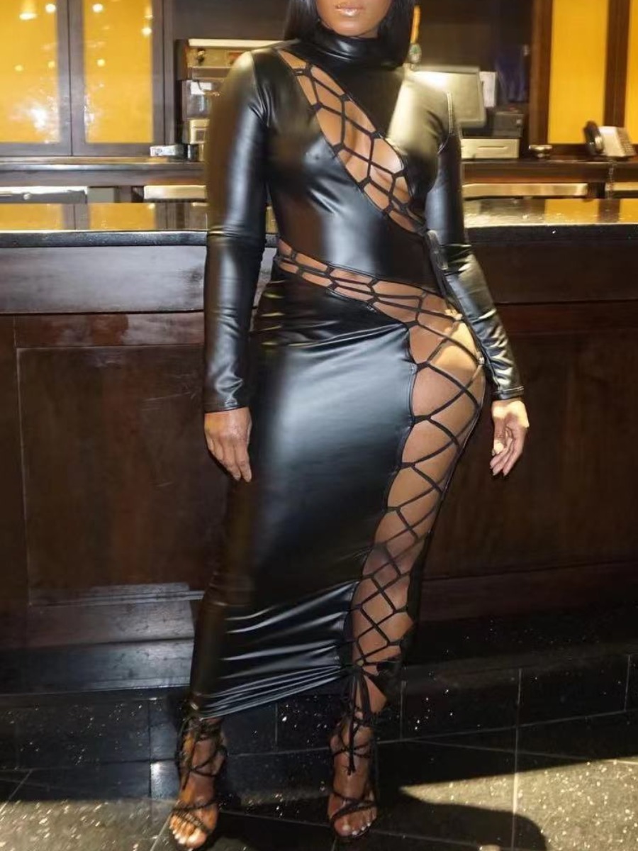 LW SXY Faux Leather Bandage Cut Out Design Bodycon