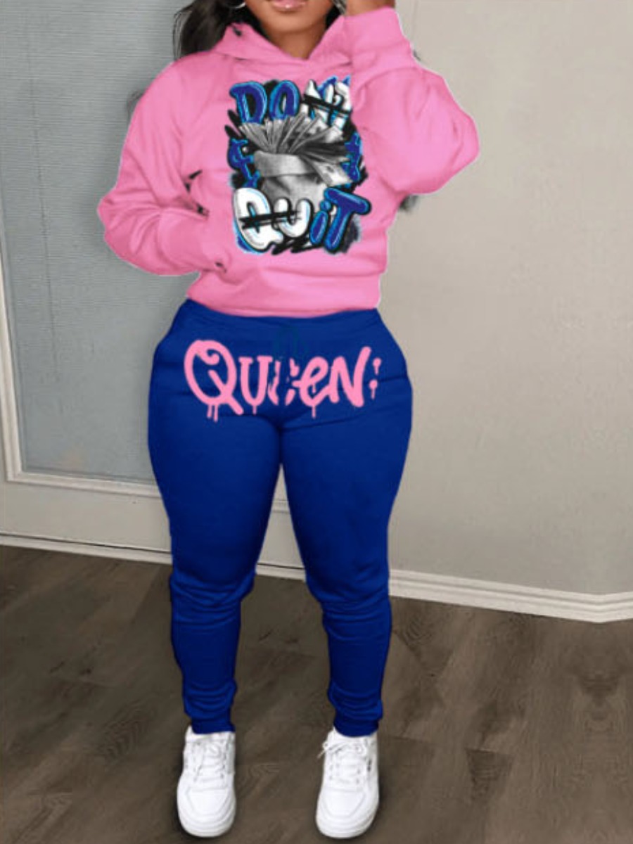 LW Queen Letter Print Kangaroo Pocket Tracksuit Se