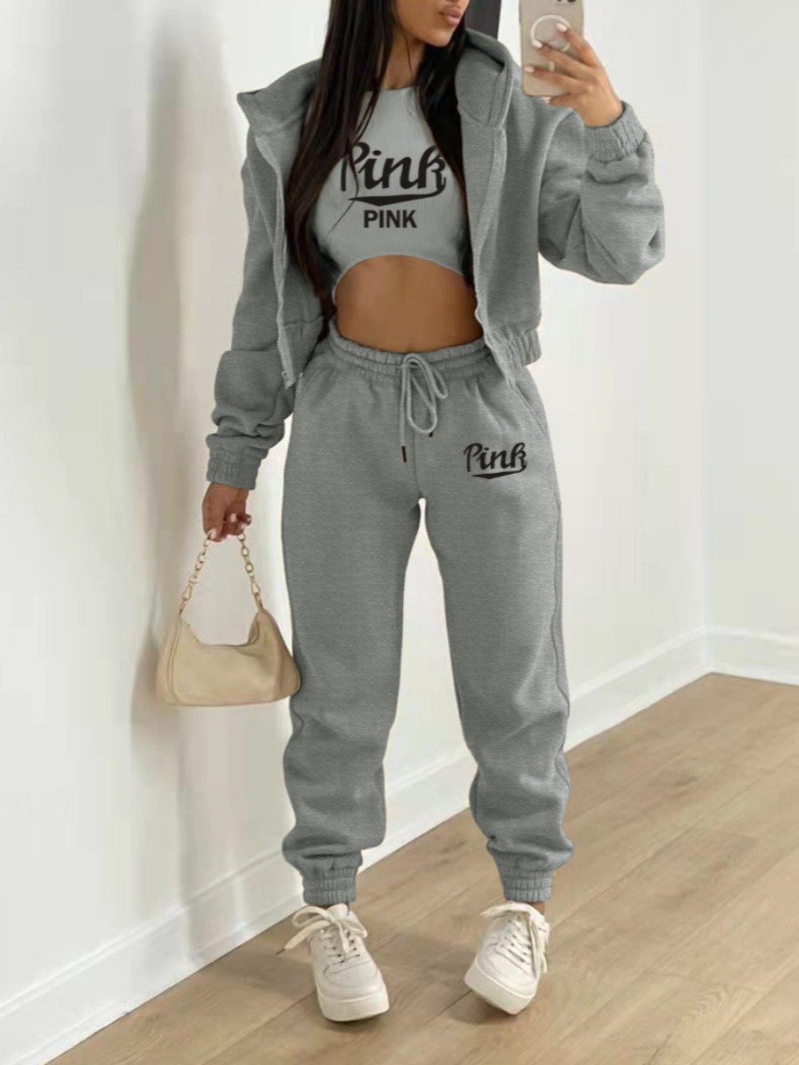 LW Pink Letter Print Drawstring Three Piece Pants 