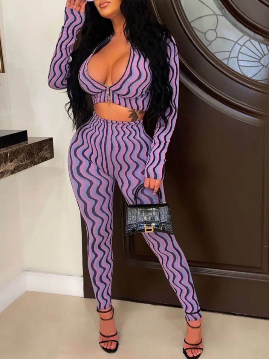 LovelyWholesale Crop Top Striped Skinny Pants Set Fall Long Sleeve Casual Zipper Design Round Neck Spring Summer 2024