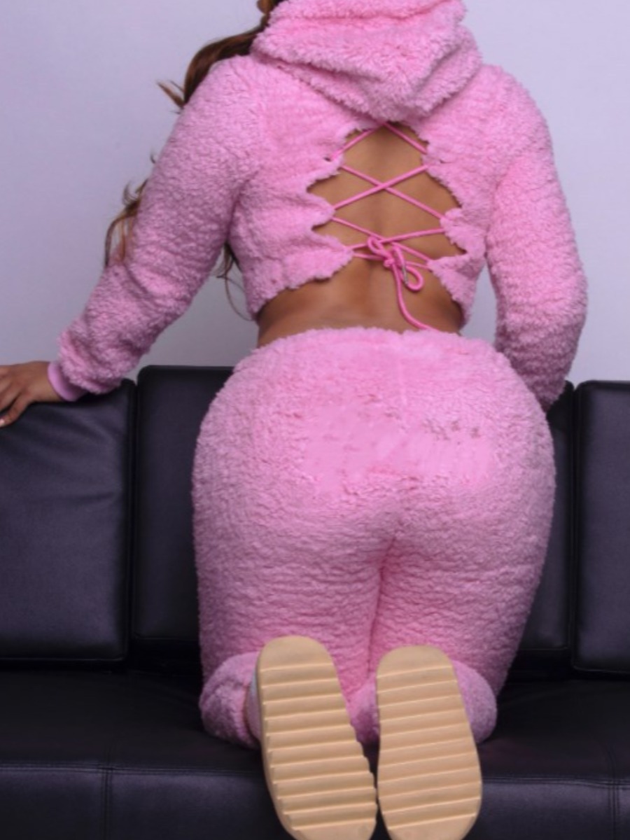 LovelyWholesale Hooded Collar Bandage Design Backless Teddy Pants Set Fall Long Sleeve Street Bandage Design Hooded Collar Spring Summer 2024