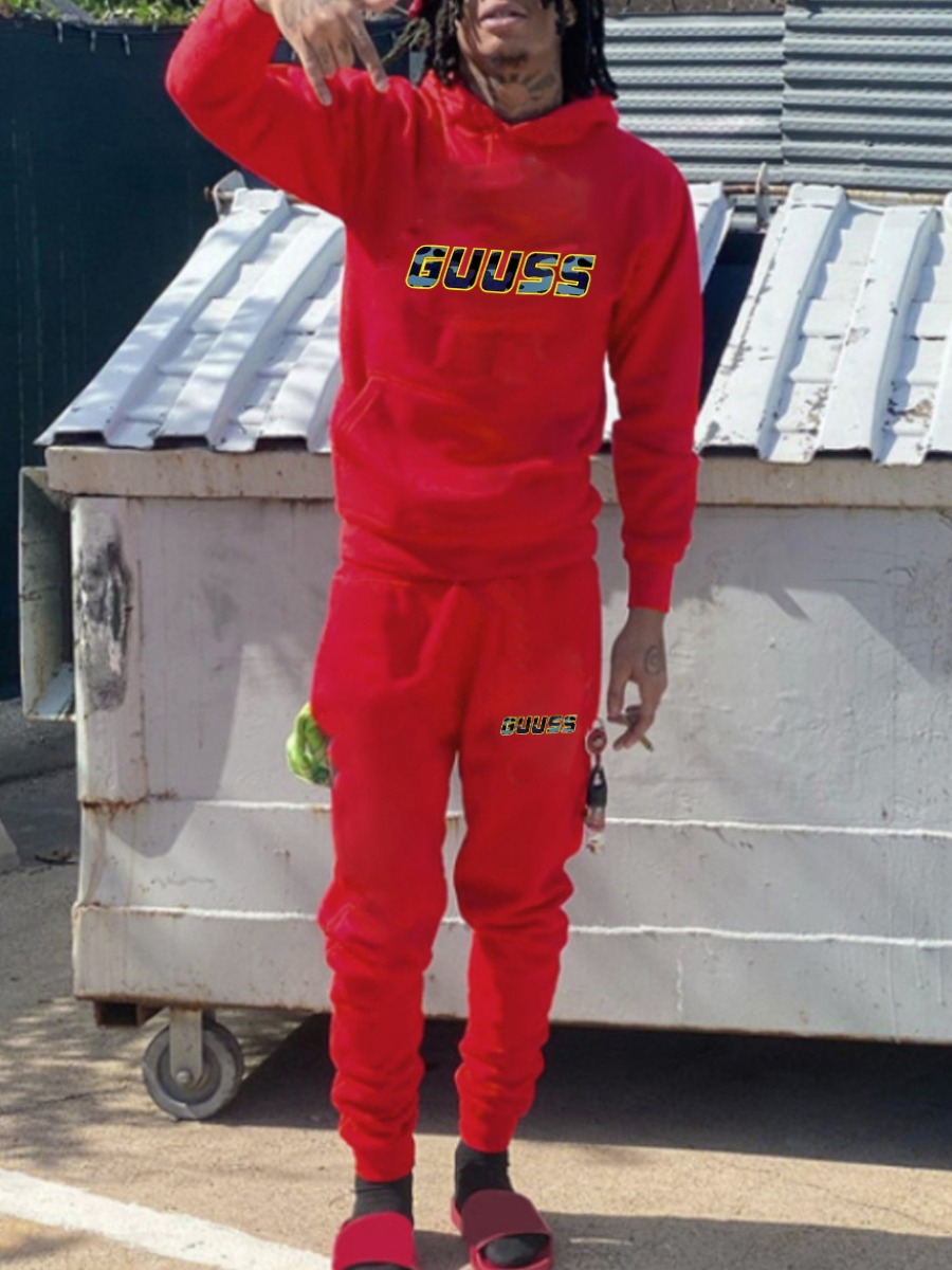 LW Men Letter Print Kangaroo Pocket Tracksuit Set