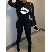 LW Lip Letter Print Zipper Design Jumpsuit