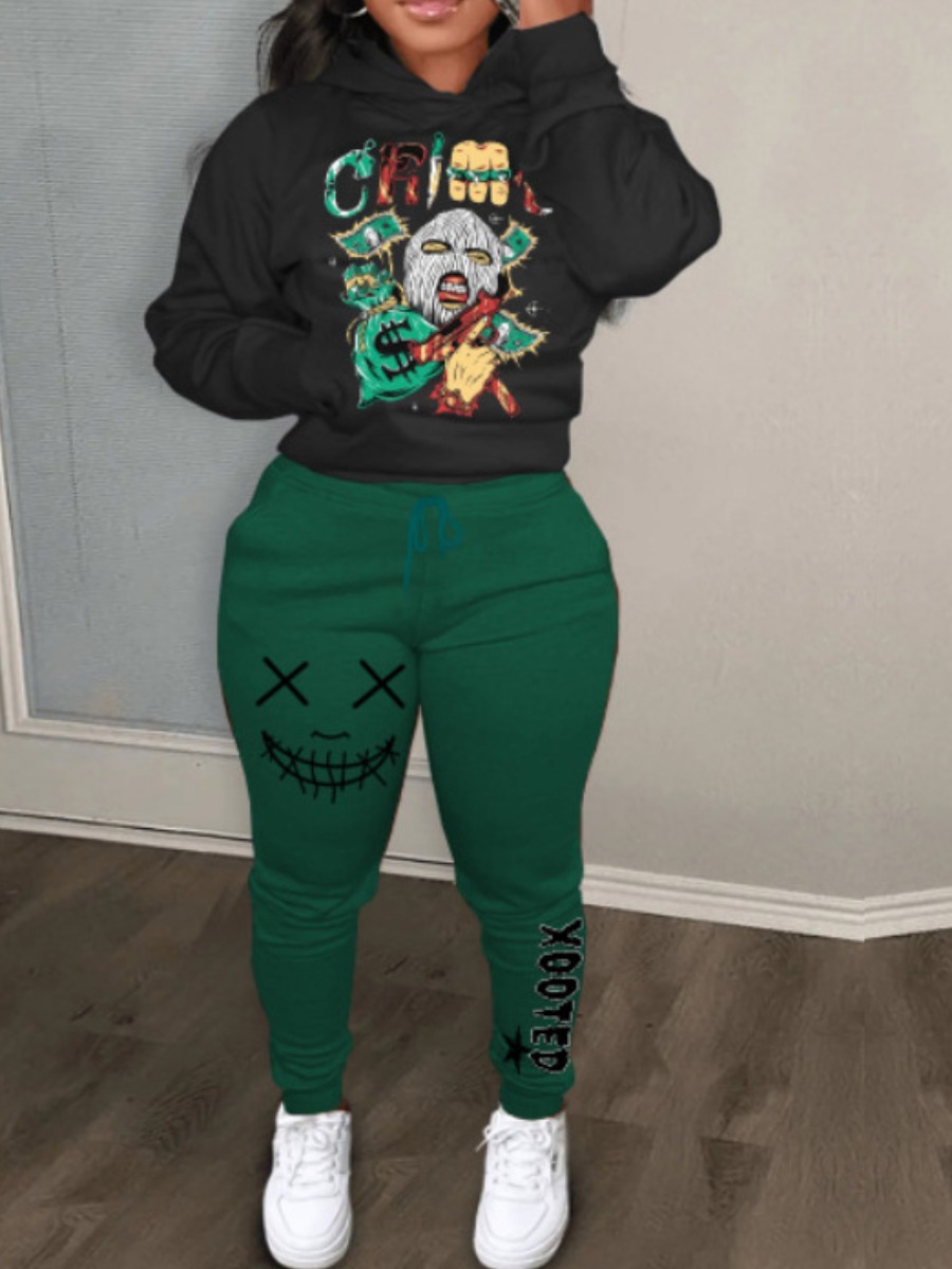 LW Masked Face Print Kangaroo Pocket Tracksuit Set