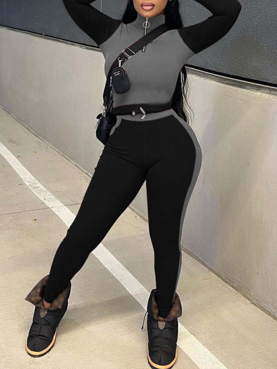 LovelyWholesale Crop Top Letter Print Skinny Pants Set Fall Long Sleeve Casual Mock Neck Spring Summer 2024