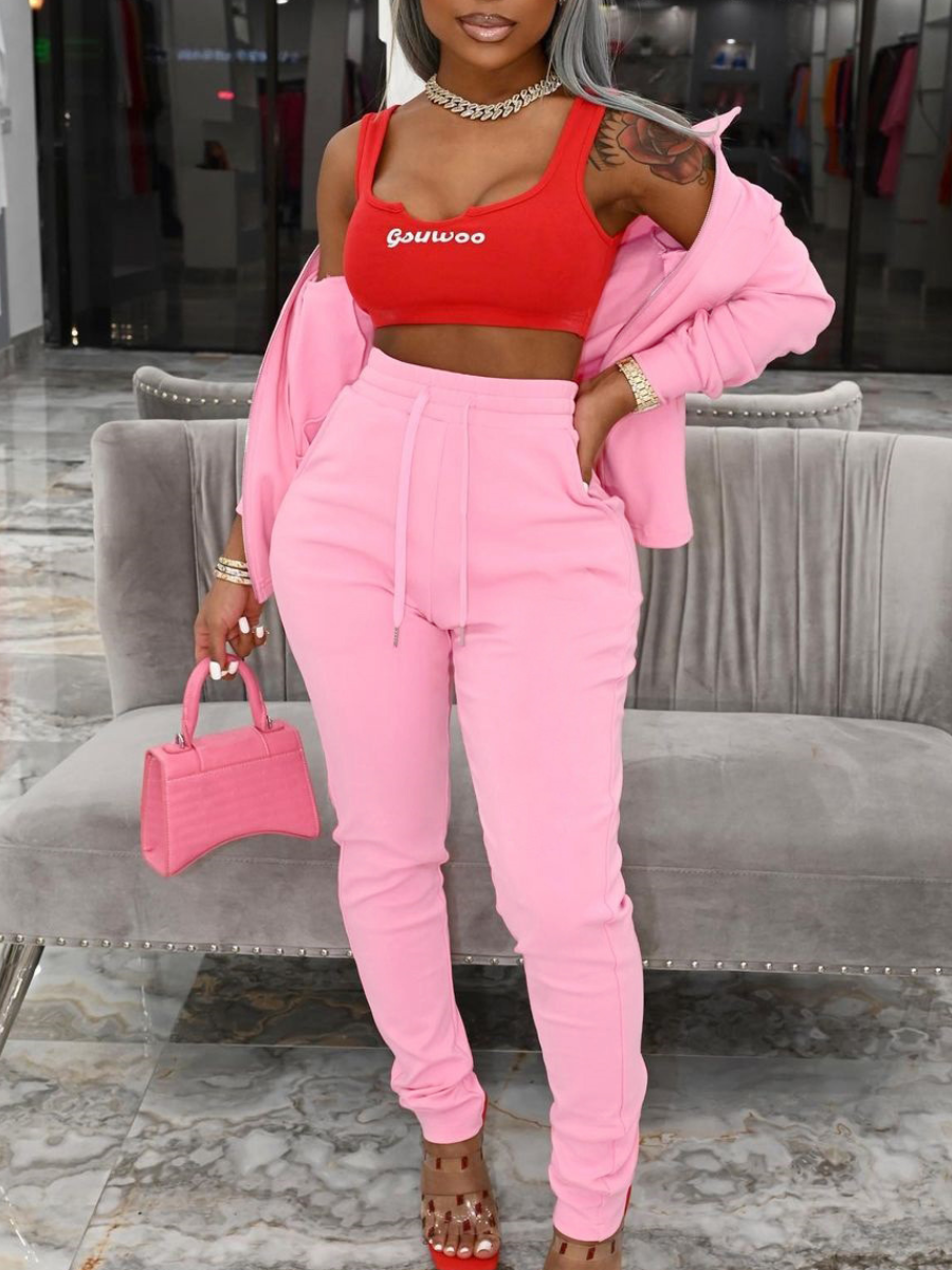 LW Drawstring Zipper Design High Waist Pants Set