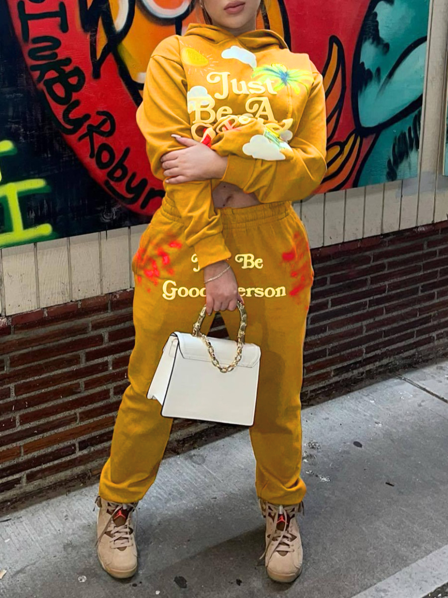 LW Floral Letter Decor Kangaroo Pocket Tracksuit Set