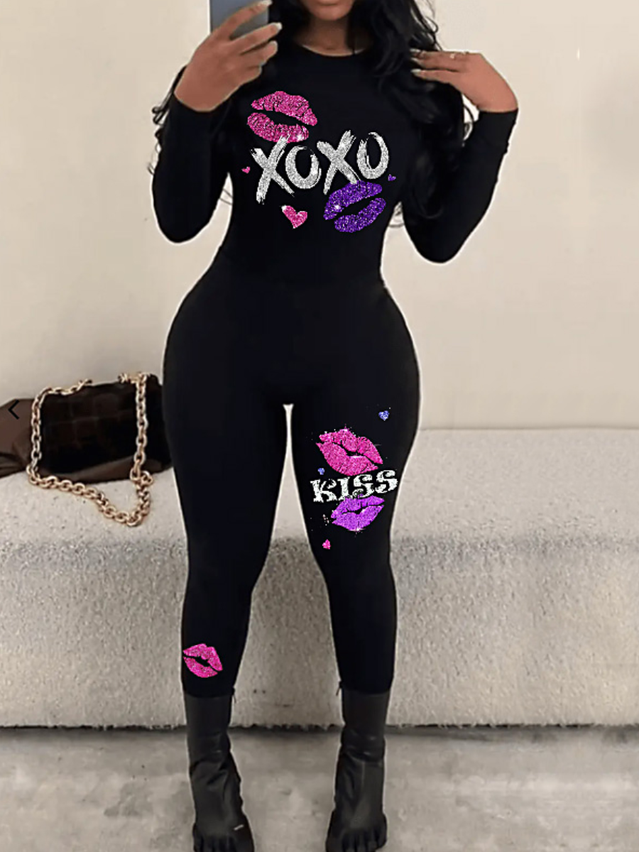 LovelyWholesale Lip Letter Print Skinny Jumpsuit Fall Long Sleeve Casual Pattern Round Neck Spring Summer 2024