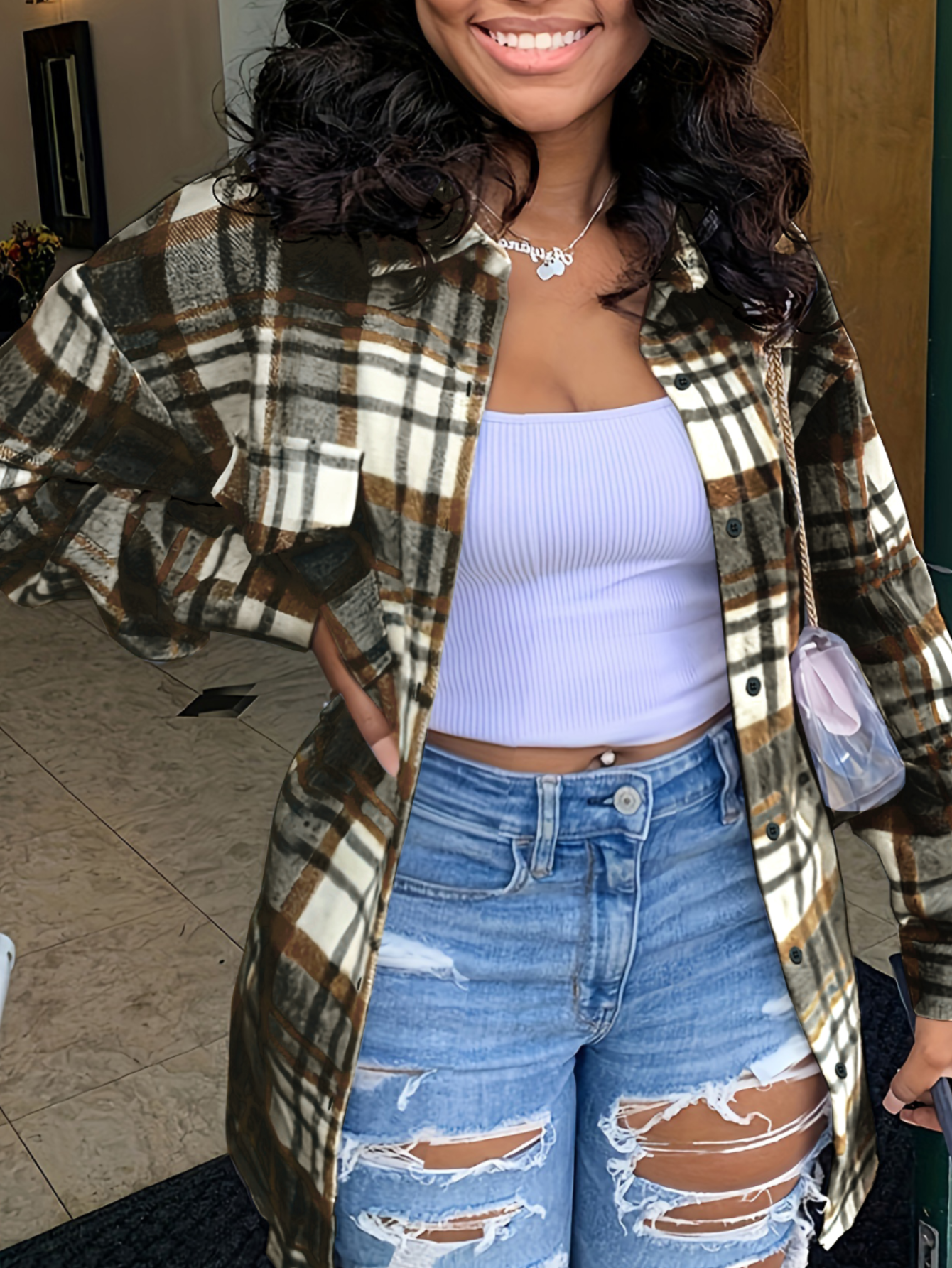 LovelyWholesale Plus Size Plaid Print Pocket Design Coat Fall Long Sleeve Casual Pocket Design Turndown Collar  2X Spring Summer 2024