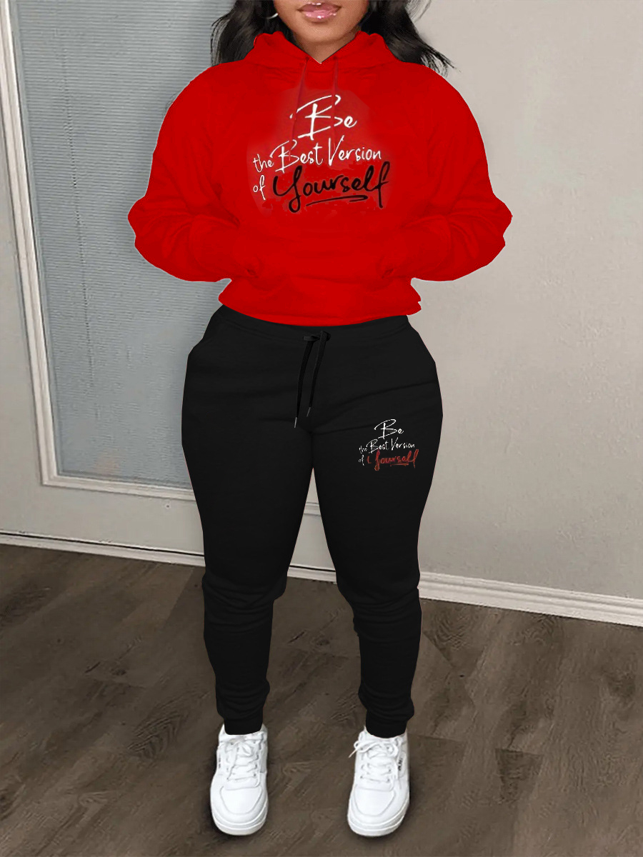 LW Plus Size Letter Print Kangaroo Pocket Tracksuit Set