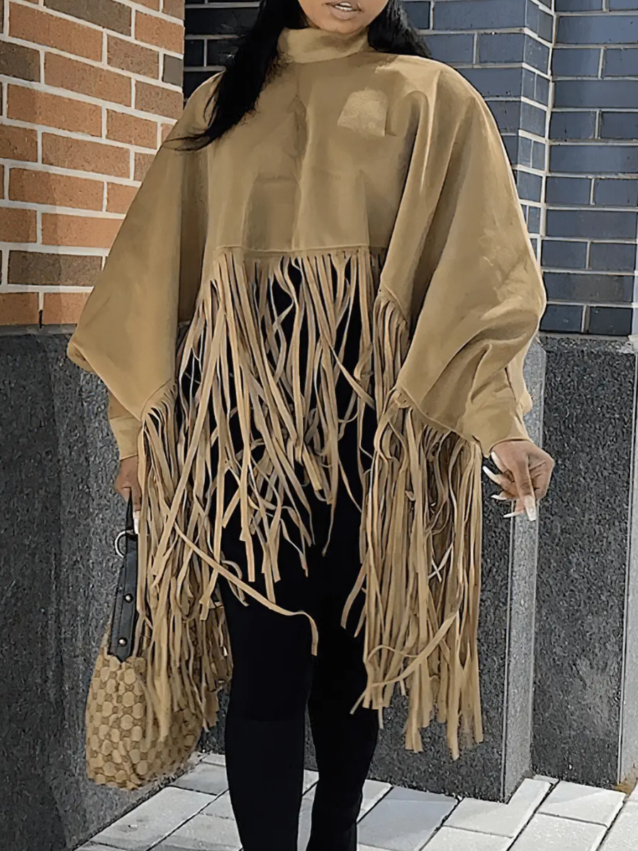 LovelyWholesale Plus Size Batwing Sleeve Tassel Design Loose Blouse Fall|Winter Long Sleeve Elegant Tassel Design Turtleneck Spring Summer 2024