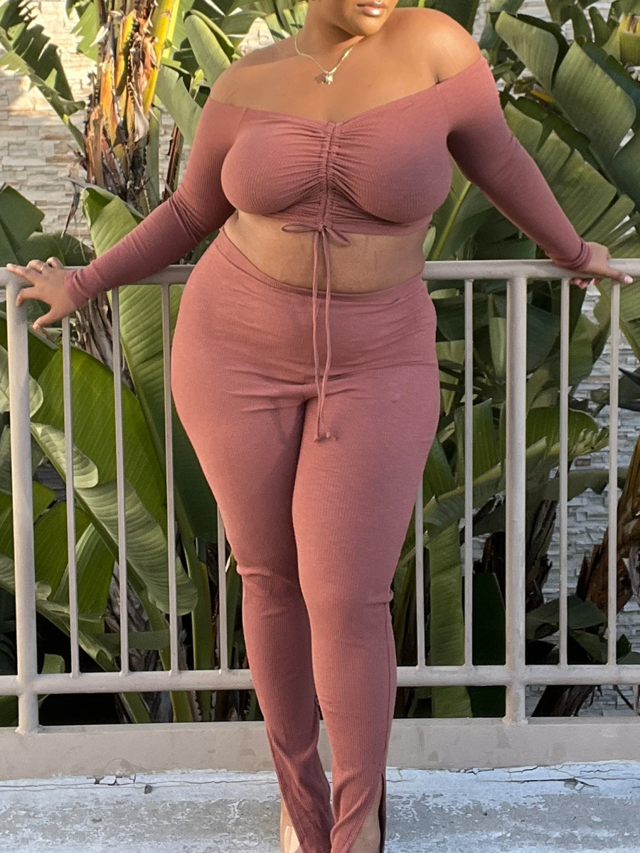 LW Plus Size Crop Top Ruched Drawstring Pants Set
