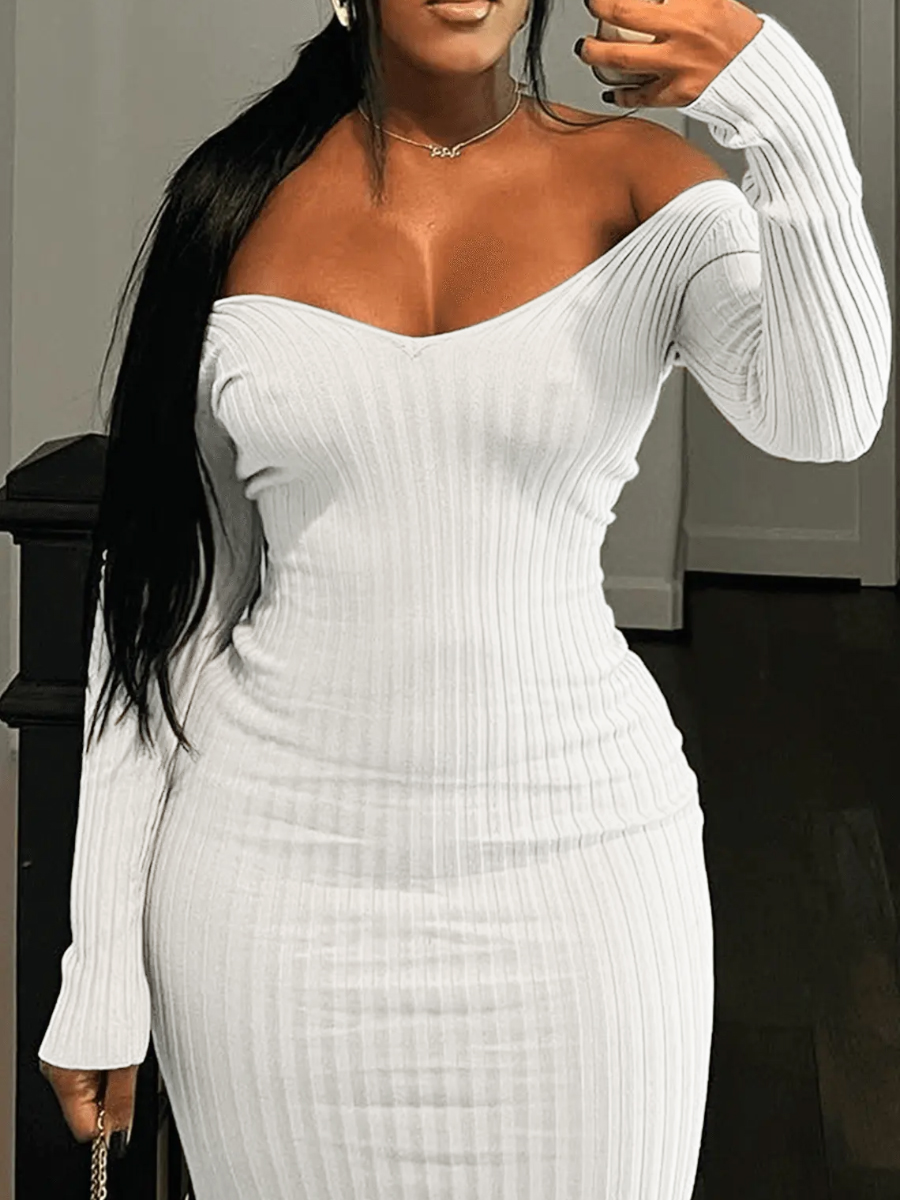 LW BASICS Off The Shoulder Rib Knit Bodycon Dress