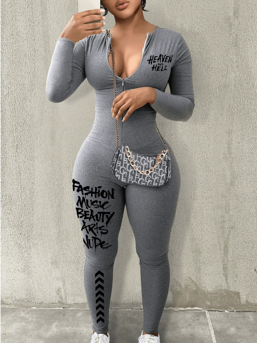 LW Letter Print Zipper Design Jumpsuit