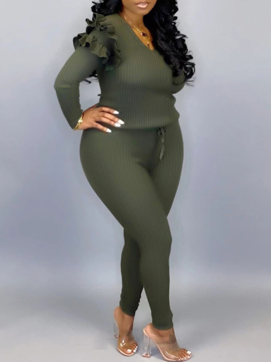 LW Plus Size Rib-Knit Ruffle Design Pants Set