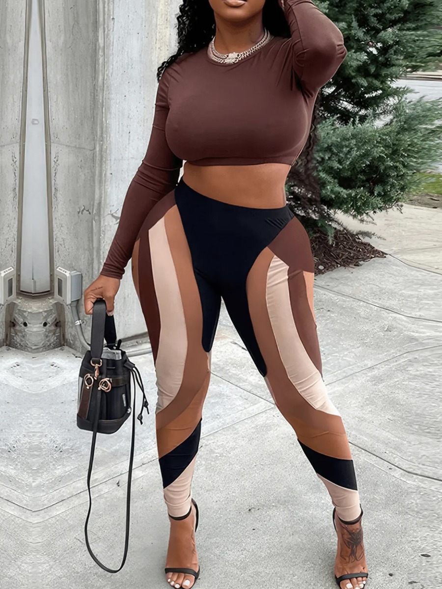 LW Crop Top Patchwork Skinny Pants Set