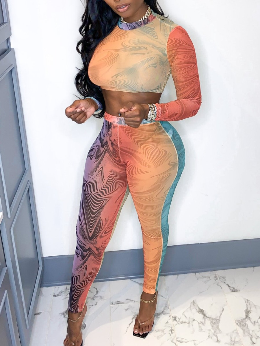 LovelyWholesale Crop Top Gradient Print Skinny Pants Set Fall Long Sleeve Casual Pattern Round Neck Spring Summer 2024